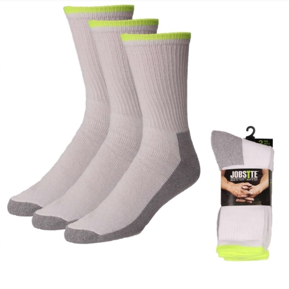 6 Pair Mens Jobsite Moisture Control Comfort Top Cushioned White Work Crew Socks